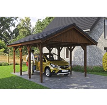 Carport simple SKAN HOLZ Wallgau avec lattis et ancrage pour poteaux H 430 x 600 cm noyer