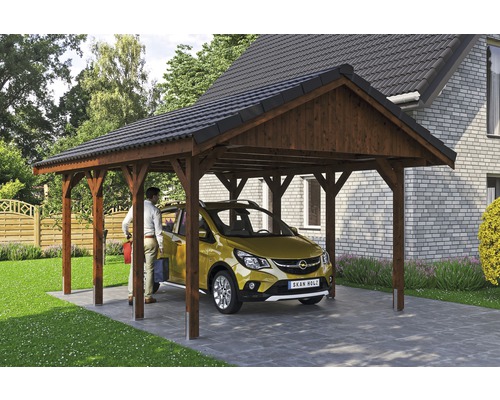 Carport simple SKAN HOLZ Wallgau avec lattis et ancrage pour poteaux H 430 x 600 cm noyer