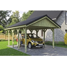 Carport simple SKAN HOLZ Wallgau avec lattis et ancrage pour poteaux H 430 x 600 cm imprégné