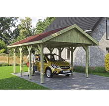 Carport simple SKAN HOLZ Wallgau avec bardeaux rouges et ancrage pour poteaux H 430 x 600 cm imprégné