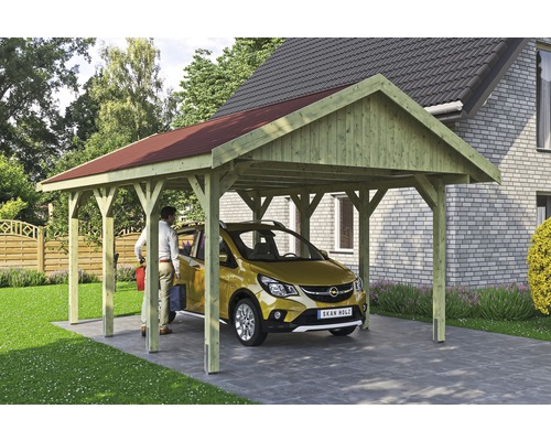 Carport simple SKAN HOLZ Wallgau avec bardeaux rouges et ancrage pour poteaux H 430 x 600 cm imprégné