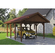 Carport simple SKAN HOLZ Wallgau avec bardeaux rouges et ancrage pour poteaux H 430 x 600 cm noyer