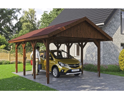 Carport simple SKAN HOLZ Wallgau avec bardeaux rouges et ancrage pour poteaux H 430 x 600 cm noyer