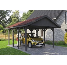 Carport simple SKAN HOLZ Wallgau avec bardeaux rouges et ancrage pour poteaux H 430 x 600 cm gris