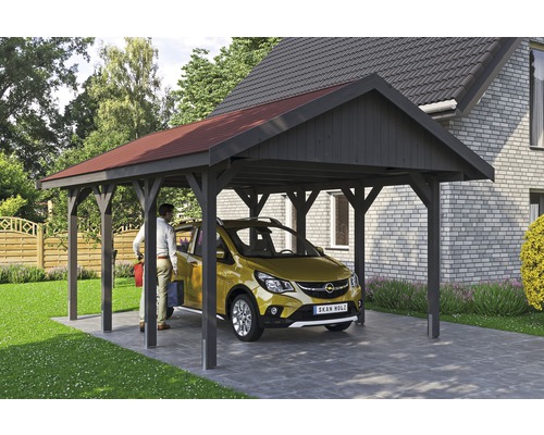 Carport simple SKAN HOLZ Wallgau avec bardeaux rouges et ancrage pour poteaux H 430 x 600 cm gris