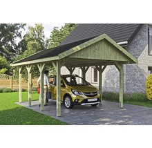 Carport simple SKAN HOLZ Wallgau avec bardeaux noirs et ancrage pour poteaux H 430 x 600 cm imprégné