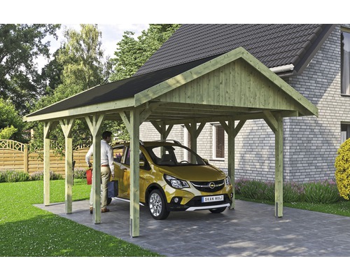 Carport simple SKAN HOLZ Wallgau avec bardeaux noirs et ancrage pour poteaux H 430 x 600 cm imprégné