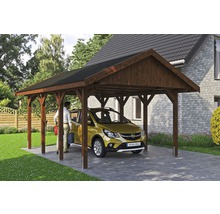 Carport simple SKAN HOLZ Wallgau avec bardeaux noirs et ancrage pour poteaux H 430 x 600 cm noyer