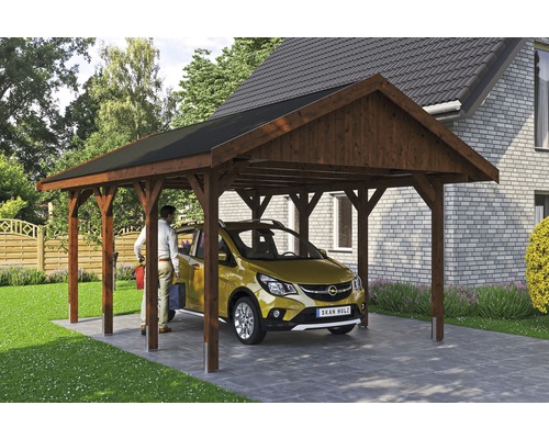 Carport simple SKAN HOLZ Wallgau avec bardeaux noirs et ancrage pour poteaux H 430 x 600 cm noyer