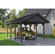 Carport simple SKAN HOLZ Wallgau avec bardeaux noirs et ancrage pour poteaux H 430 x 600 cm gris
