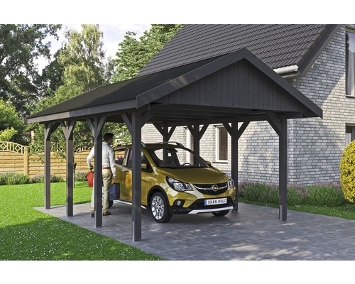 Carport simple SKAN HOLZ Wallgau avec bardeaux noirs et ancrage pour poteaux H 430 x 600 cm gris