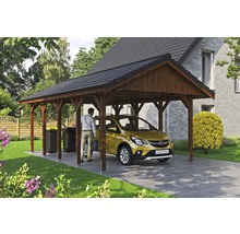 Carport simple SKAN HOLZ Wallgau avec lattis et ancrage pour poteaux H 430 x 750 cm noyer