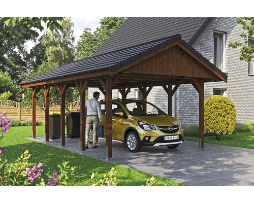 Carport simple SKAN HOLZ Wallgau avec lattis et ancrage pour poteaux H 430 x 750 cm noyer