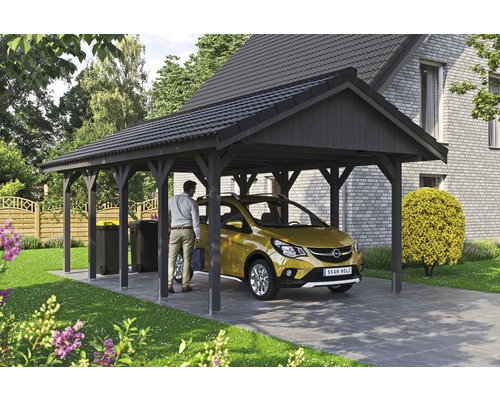 Carport simple SKAN HOLZ Wallgau avec lattis et ancrage pour poteaux H 430 x 750 cm gris