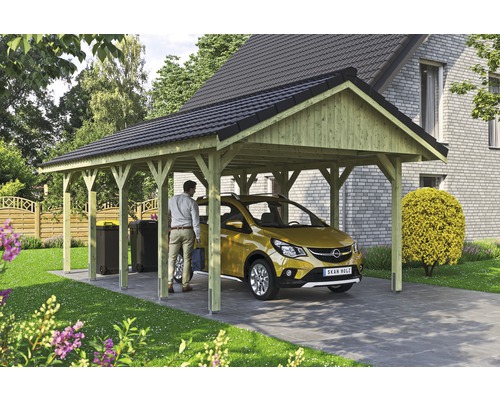 Carport simple SKAN HOLZ Wallgau avec lattis et ancrage pour poteaux H 430 x 750 cm imprégné