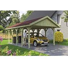 Carport simple SKAN HOLZ Wallgau avec bardeaux rouges et ancrage pour poteaux H 430 x 750 cm imprégné