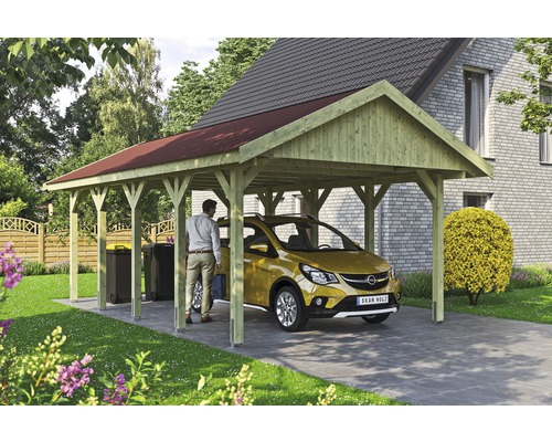 Carport simple SKAN HOLZ Wallgau avec bardeaux rouges et ancrage pour poteaux H 430 x 750 cm imprégné