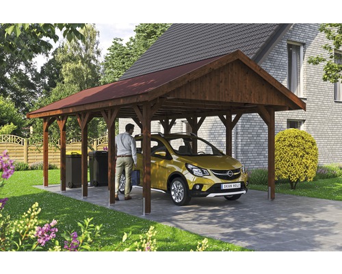 Carport simple SKAN HOLZ Wallgau avec bardeaux rouges et ancrage pour poteaux H 430 x 750 cm noyer