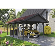 Carport simple SKAN HOLZ Wallgau avec bardeaux rouges et ancrage pour poteaux H 430 x 750 cm gris