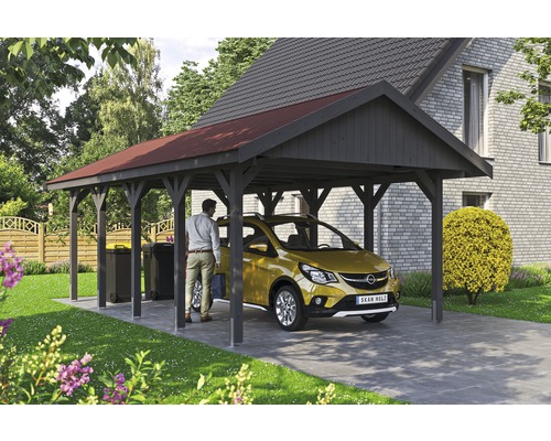 Carport simple SKAN HOLZ Wallgau avec bardeaux rouges et ancrage pour poteaux H 430 x 750 cm gris