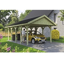 Carport simple SKAN HOLZ Wallgau avec bardeaux noirs et ancrage pour poteaux H 430 x 750 cm imprégné