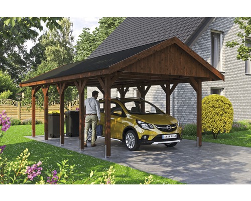 Carport simple SKAN HOLZ Wallgau avec bardeaux noirs et ancrage pour poteaux H 430 x 750 cm noyer