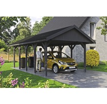 Carport simple SKAN HOLZ Wallgau avec bardeaux noirs et ancrage pour poteaux H 430 x 750 cm gris