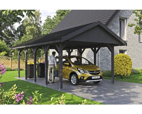 Carport simple SKAN HOLZ Wallgau avec bardeaux noirs et ancrage pour poteaux H 430 x 750 cm gris