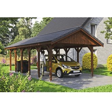 Carport simple SKAN HOLZ Wallgau avec lattis et ancrage pour poteaux H 430 x 900 cm noyer
