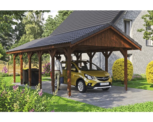 Einzelcarport SKAN HOLZ Wallgau inkl. Dachlattung und H-Pfostenanker 430 x 900 cm nussbaum