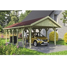 Carport simple SKAN HOLZ Wallgau avec bardeaux rouges et ancrage pour poteaux H 430 x 900 cm imprégné