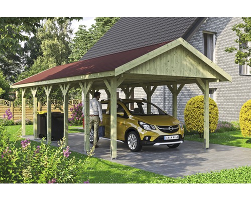 Carport simple SKAN HOLZ Wallgau avec bardeaux rouges et ancrage pour poteaux H 430 x 900 cm imprégné