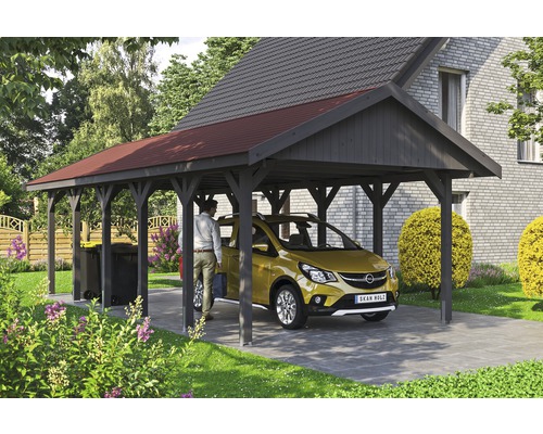 Carport simple SKAN HOLZ Wallgau avec bardeaux rouges et ancrage pour poteaux H 430 x 900 cm gris