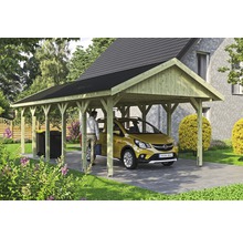 Carport simple SKAN HOLZ Wallgau avec bardeaux noirs et ancrage pour poteaux H 430 x 900 cm imprégné