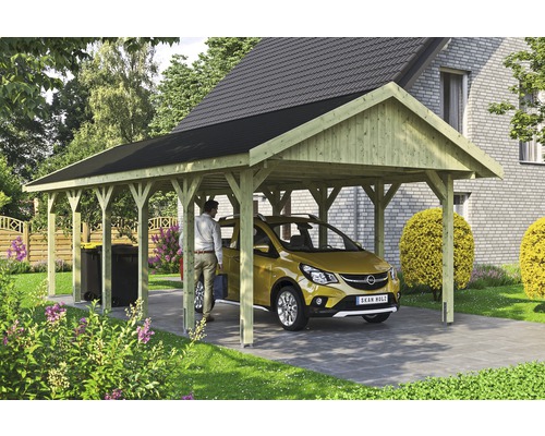 Carport simple SKAN HOLZ Wallgau avec bardeaux noirs et ancrage pour poteaux H 430 x 900 cm imprégné