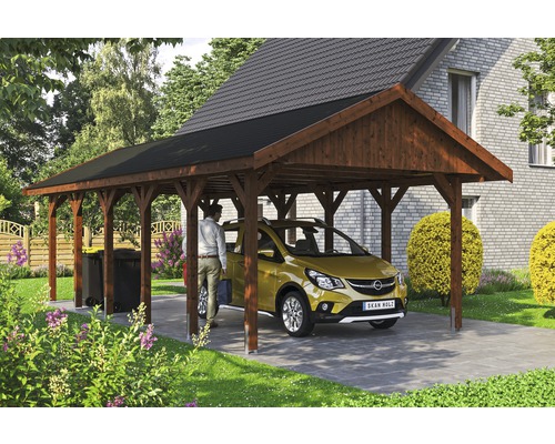 Carport simple SKAN HOLZ Wallgau avec bardeaux noirs et ancrage pour poteaux H 430 x 900 cm noyer