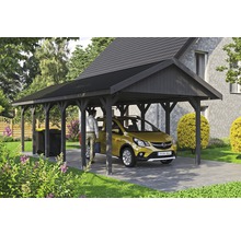 Carport simple SKAN HOLZ Wallgau avec bardeaux noirs et ancrage pour poteaux H 430 x 900 cm gris