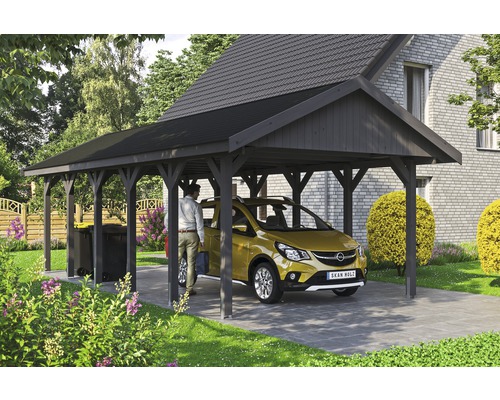 Carport simple SKAN HOLZ Wallgau avec bardeaux noirs et ancrage pour poteaux H 430 x 900 cm gris