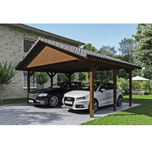 Carport double SKAN HOLZ Wallgau avec lattis et ancrage pour poteaux H 620 x 500 cm noyer