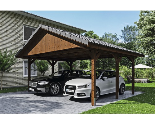 Carport double SKAN HOLZ Wallgau avec lattis et ancrage pour poteaux H 620 x 500 cm noyer