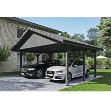 Carport double SKAN HOLZ Wallgau avec lattis et ancrage pour poteaux H 620 x 500 cm gris