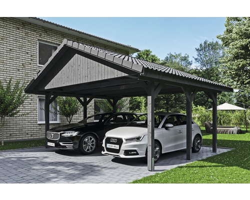 Carport double SKAN HOLZ Wallgau avec lattis et ancrage pour poteaux H 620 x 500 cm gris