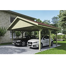 Carport double SKAN HOLZ Wallgau avec bardeaux rouges et ancrage pour poteaux 620 x 500 cm imprégné