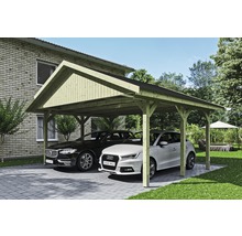 Carport double SKAN HOLZ Wallgau avec bardeaux noirs et ancrage pour poteaux 620 x 500 cm imprégné