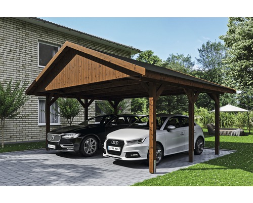 Carport double SKAN HOLZ Wallgau avec bardeaux noirs et ancrage pour poteaux H 620 x 500 cm noyer