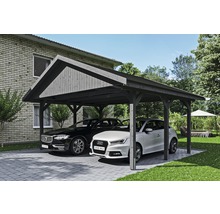 Carport double SKAN HOLZ Wallgau avec bardeaux noirs et ancrage pour poteaux H 620 x 500 cm gris