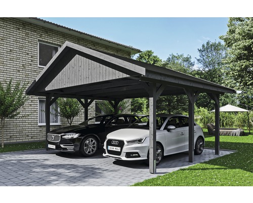 Carport double SKAN HOLZ Wallgau avec bardeaux noirs et ancrage pour poteaux H 620 x 500 cm gris