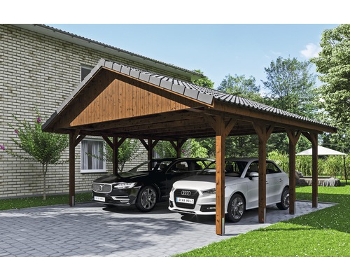 Carport double SKAN HOLZ Wallgau avec lattis et ancrage pour poteaux H 620 x 600 cm noyer