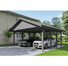 Carport double SKAN HOLZ Wallgau avec lattis et ancrage pour poteaux H 620 x 600 cm gris