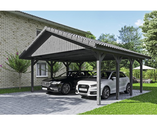 Carport double SKAN HOLZ Wallgau avec lattis et ancrage pour poteaux H 620 x 600 cm gris